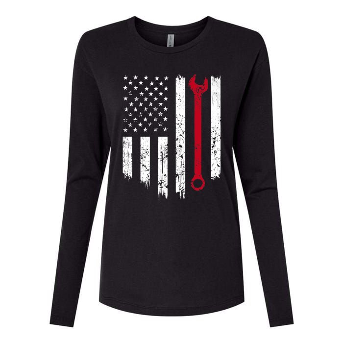 Funny Vintage Mechanic Distressed American Flag Gift Womens Cotton Relaxed Long Sleeve T-Shirt