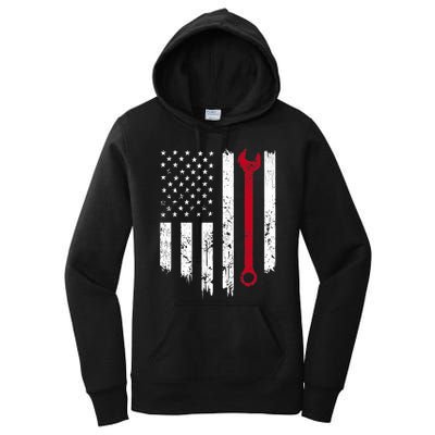 Funny Vintage Mechanic Distressed American Flag Gift Women's Pullover Hoodie