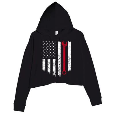 Funny Vintage Mechanic Distressed American Flag Gift Crop Fleece Hoodie