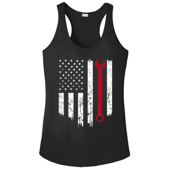 Funny Vintage Mechanic Distressed American Flag Gift Ladies PosiCharge Competitor Racerback Tank