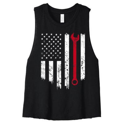 Funny Vintage Mechanic Distressed American Flag Gift Women's Racerback Cropped Tank