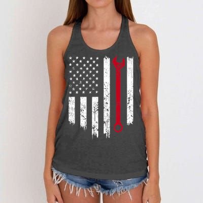 Funny Vintage Mechanic Distressed American Flag Gift Women's Knotted Racerback Tank