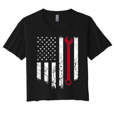 Funny Vintage Mechanic Distressed American Flag Gift Women's Crop Top Tee