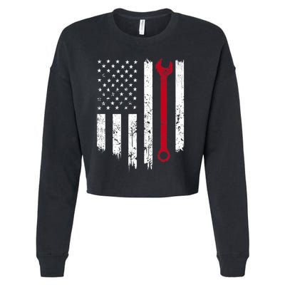 Funny Vintage Mechanic Distressed American Flag Gift Cropped Pullover Crew