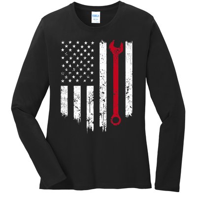 Funny Vintage Mechanic Distressed American Flag Gift Ladies Long Sleeve Shirt