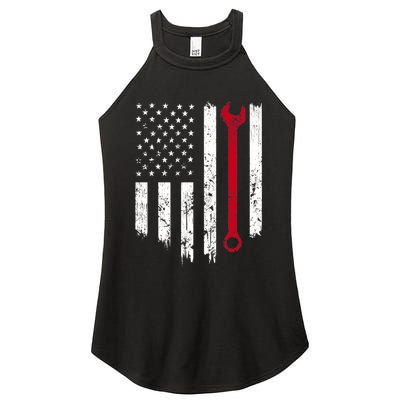 Funny Vintage Mechanic Distressed American Flag Gift Women's Perfect Tri Rocker Tank