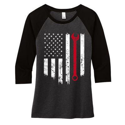 Funny Vintage Mechanic Distressed American Flag Gift Women's Tri-Blend 3/4-Sleeve Raglan Shirt