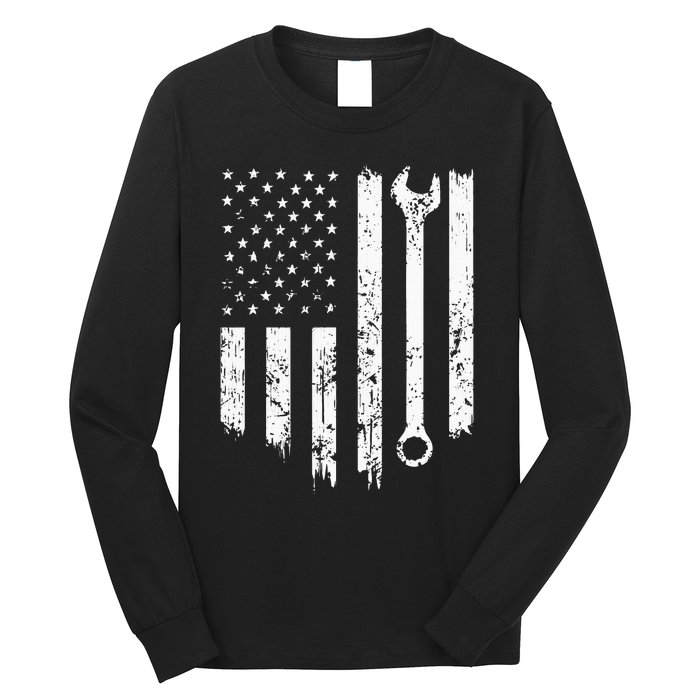 Funny Vintage Mechanic Distressed American Flag Gift Long Sleeve Shirt