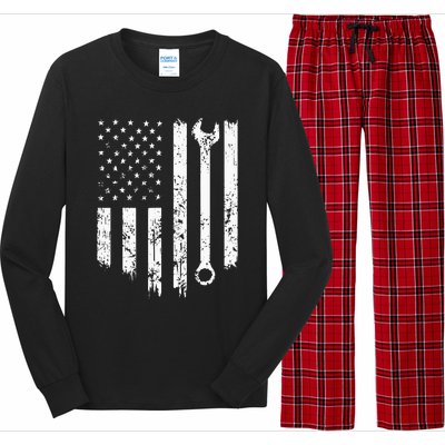 Funny Vintage Mechanic Distressed American Flag Gift Long Sleeve Pajama Set