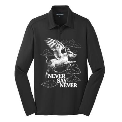 Funny Vintage Never Say Never When Pigs Fly Silk Touch Performance Long Sleeve Polo