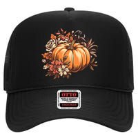 Fall Vintage Pumpkin Autumn Graphic Thanksgiving High Crown Mesh Back Trucker Hat