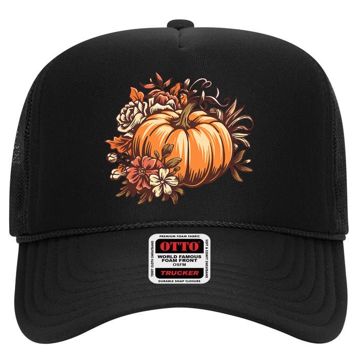 Fall Vintage Pumpkin Autumn Graphic Thanksgiving High Crown Mesh Back Trucker Hat