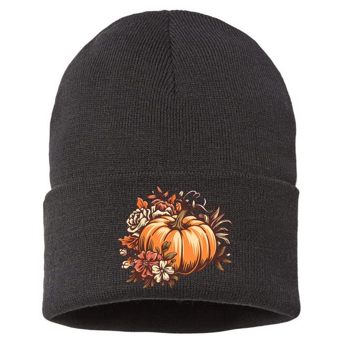 Fall Vintage Pumpkin Autumn Graphic Thanksgiving Sustainable Knit Beanie