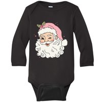 Funny Vintage Pink Santa Claus Pink Christmas Baby Long Sleeve Bodysuit