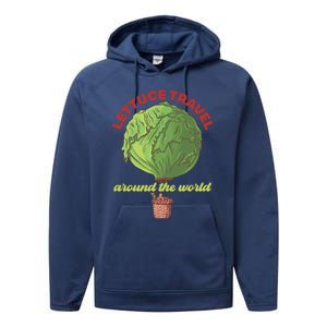 Funny Vegan Pun Lets Travel Lettuce Hot Air Balloon Graphic Gift Performance Fleece Hoodie