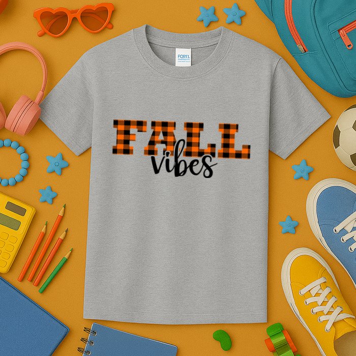 Fall Vibes Plaid October Kids T-Shirt