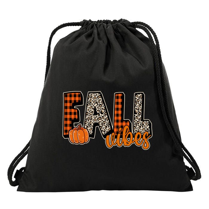 Fall Vibes Pumpkin Plaid Cheetah Drawstring Bag