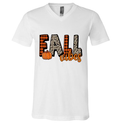 Fall Vibes Pumpkin Plaid Cheetah V-Neck T-Shirt