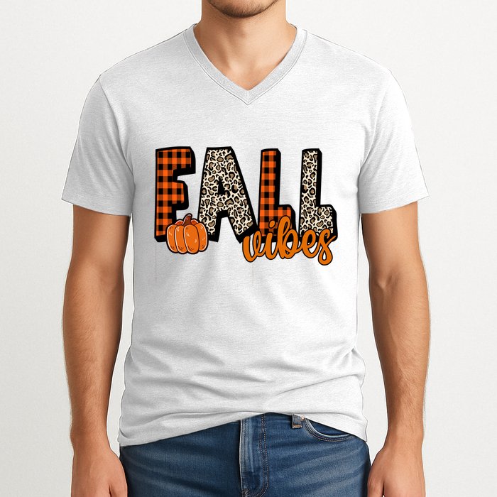 Fall Vibes Pumpkin Plaid Cheetah V-Neck T-Shirt