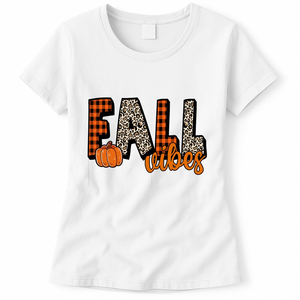 Fall Vibes Pumpkin Plaid Cheetah Womens T-Shirt