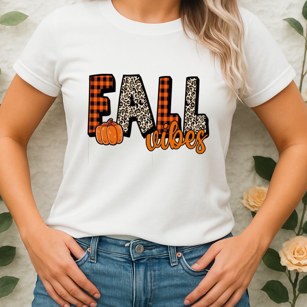 Fall Vibes Pumpkin Plaid Cheetah Womens T-Shirt