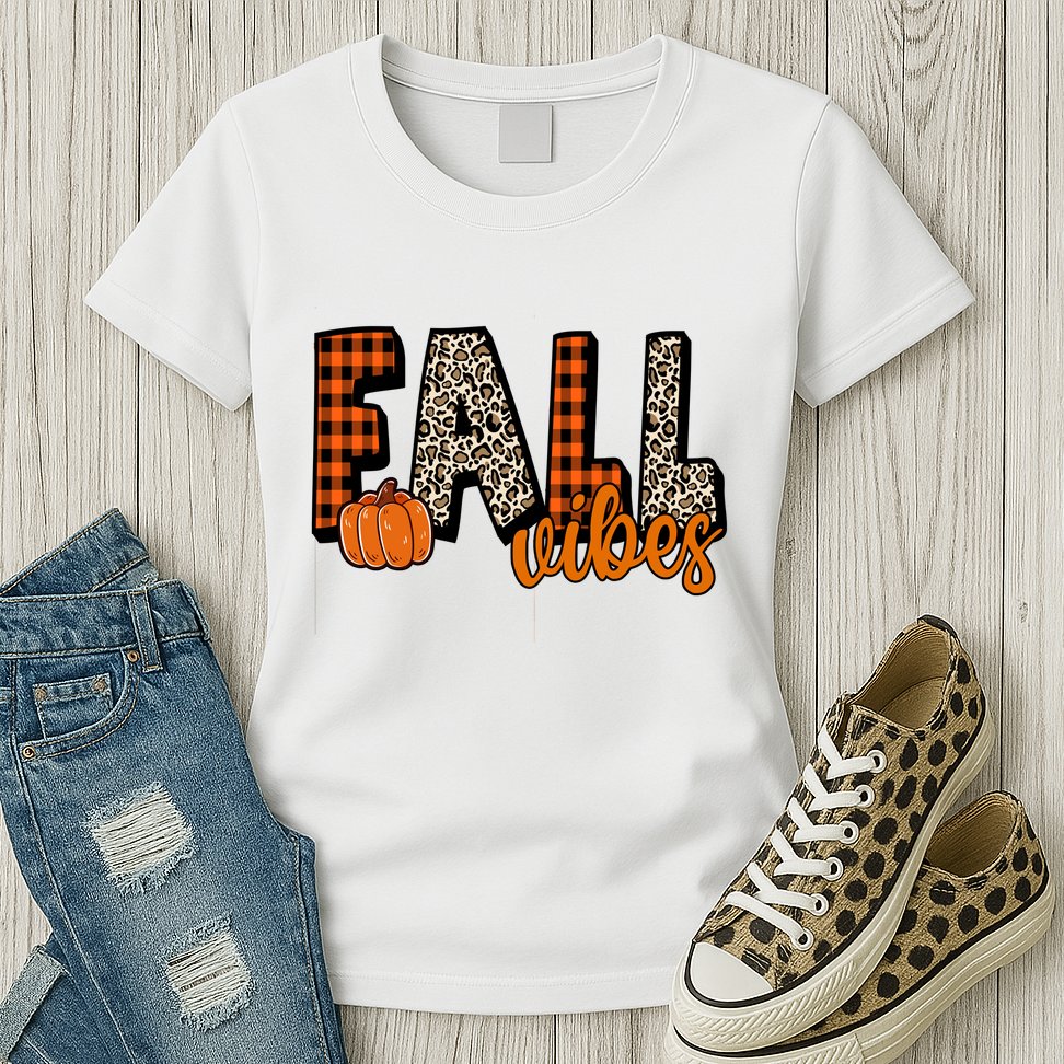 Fall Vibes Pumpkin Plaid Cheetah Womens T-Shirt