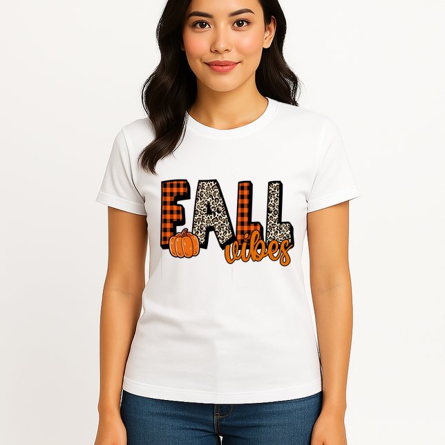 Fall Vibes Pumpkin Plaid Cheetah Womens T-Shirt