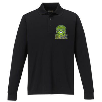 Funny Vegan Power Featuring Strong Angry Broccoli Flexing Gift Performance Long Sleeve Polo