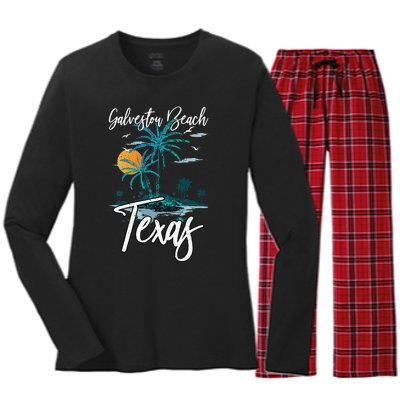 Family Vacation Retro Sunset Texas Galveston Beach Women's Long Sleeve Flannel Pajama Set 