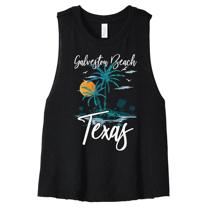 Family Vacation Retro Sunset Texas Galveston Beach Women's Racerback Cropped Tank