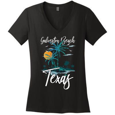 Family Vacation Retro Sunset Texas Galveston Beach Women's V-Neck T-Shirt