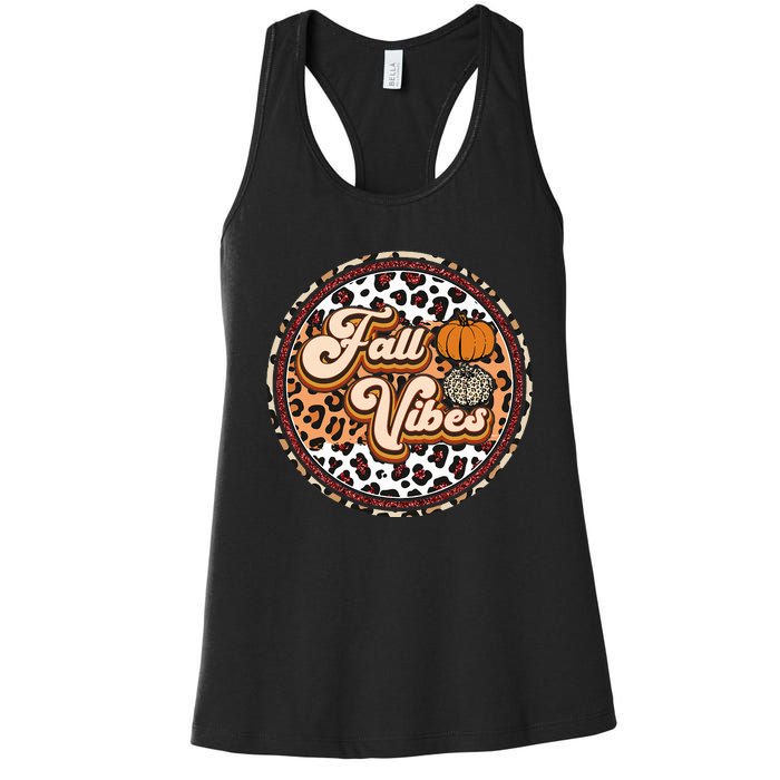 Fall Vibes Retro Vintage Leopard Circle Pumpkin Thanksgiving Women's Racerback Tank