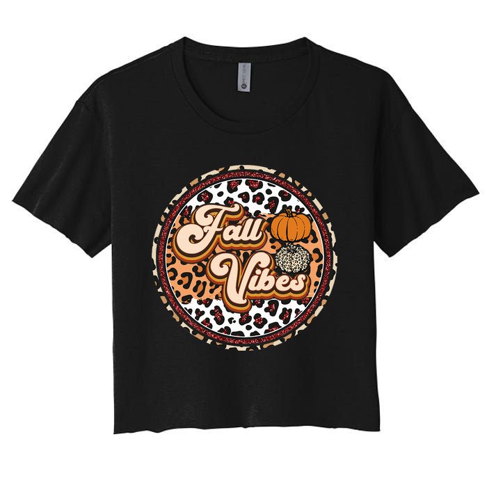 Fall Vibes Retro Vintage Leopard Circle Pumpkin Thanksgiving Women's Crop Top Tee