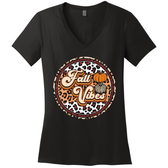 Fall Vibes Retro Vintage Leopard Circle Pumpkin Thanksgiving Women's V-Neck T-Shirt