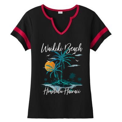 Family Vacation Retro Sunset Honolulu Hawaii Waikiki Beach Ladies Halftime Notch Neck Tee