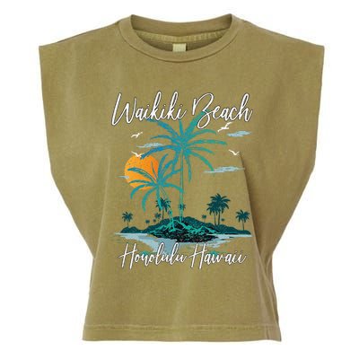 Family Vacation Retro Sunset Honolulu Hawaii Waikiki Beach Garment-Dyed Women's Muscle Tee