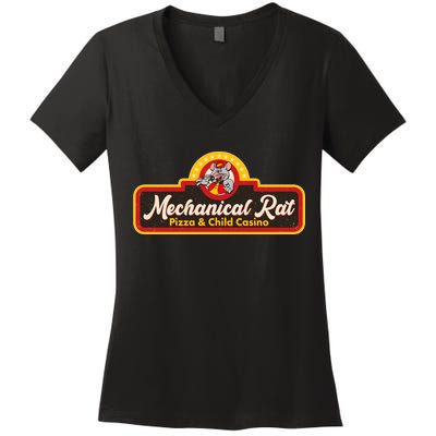 Funny Vintage Retro Mechanical Rat Pizza And Child Casino Women's V-Neck T-Shirt