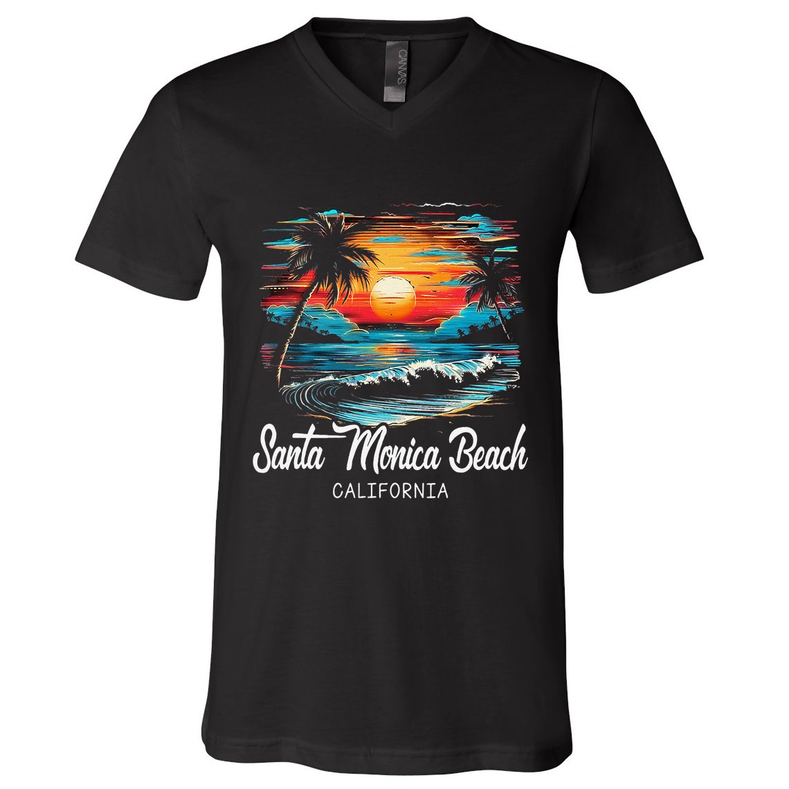 Family Vacation Retro Sunset California Santa Monica Beach V-Neck T-Shirt