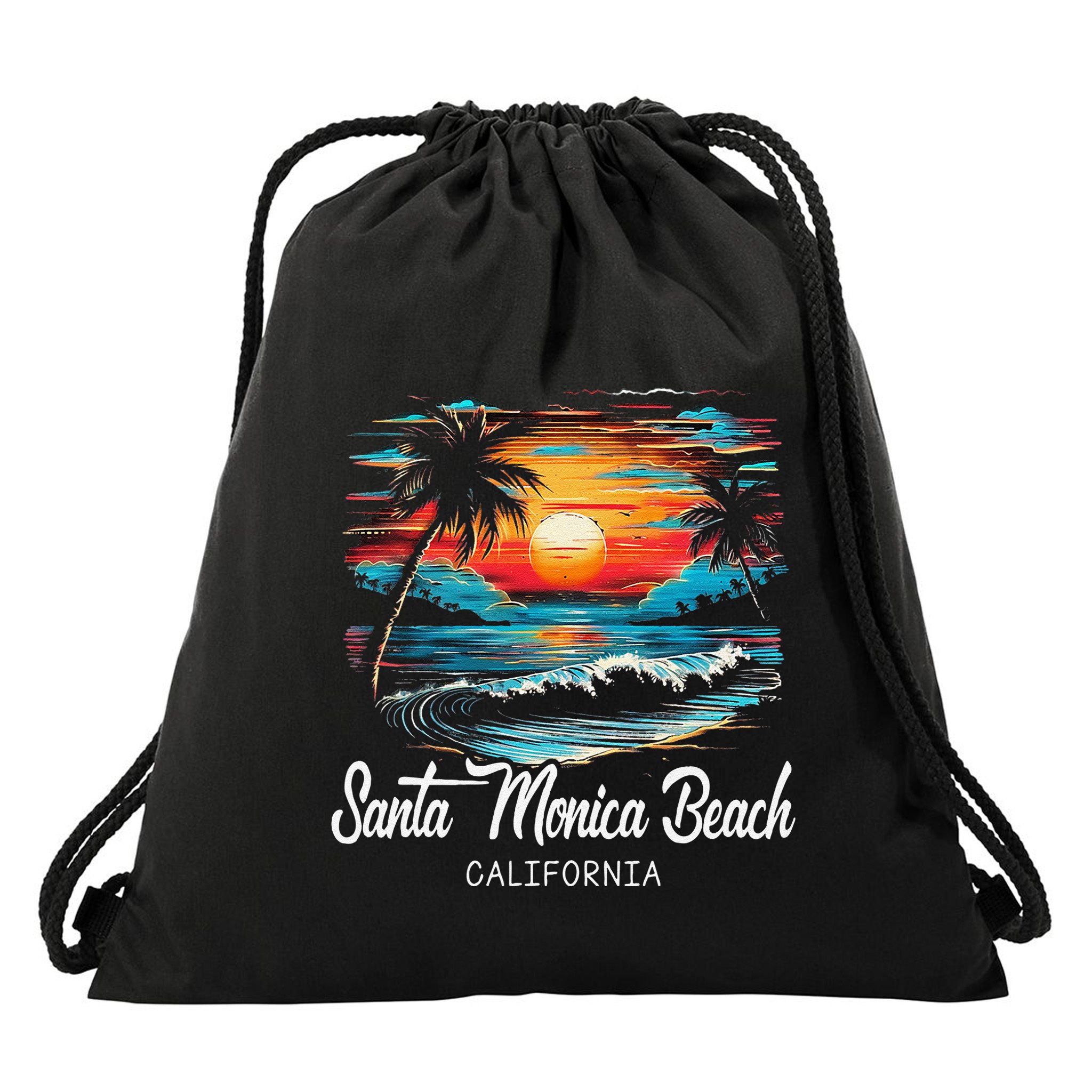 Family Vacation Retro Sunset California Santa Monica Beach Drawstring Bag