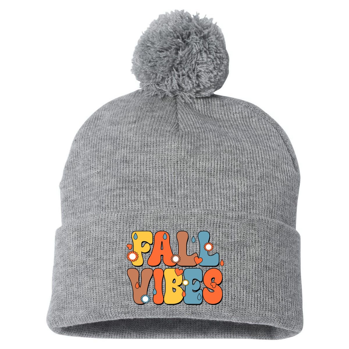 Fall Vibes Retro Groovy Cute Pom Pom 12in Knit Beanie