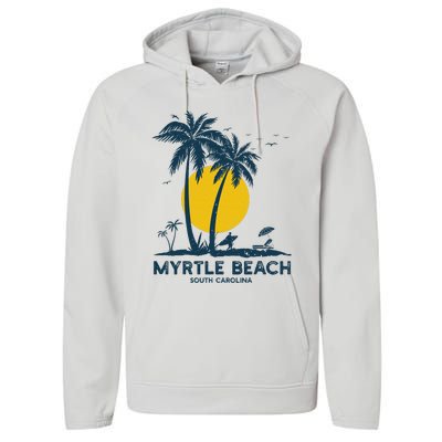 Family Vacation Retro Sunset South Carolina Myrtle Beach Performance Fleece Hoodie