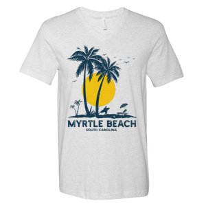 Family Vacation Retro Sunset South Carolina Myrtle Beach V-Neck T-Shirt