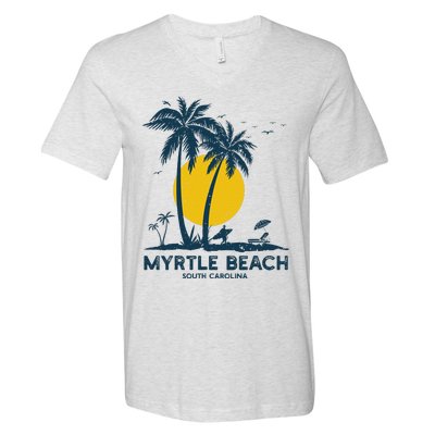 Family Vacation Retro Sunset South Carolina Myrtle Beach V-Neck T-Shirt