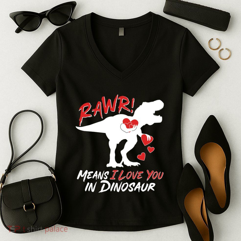 Funny Valentine Rawr Means I Love You In Dinosaur Trex Dinosaur Women's V-Neck T-Shirt
