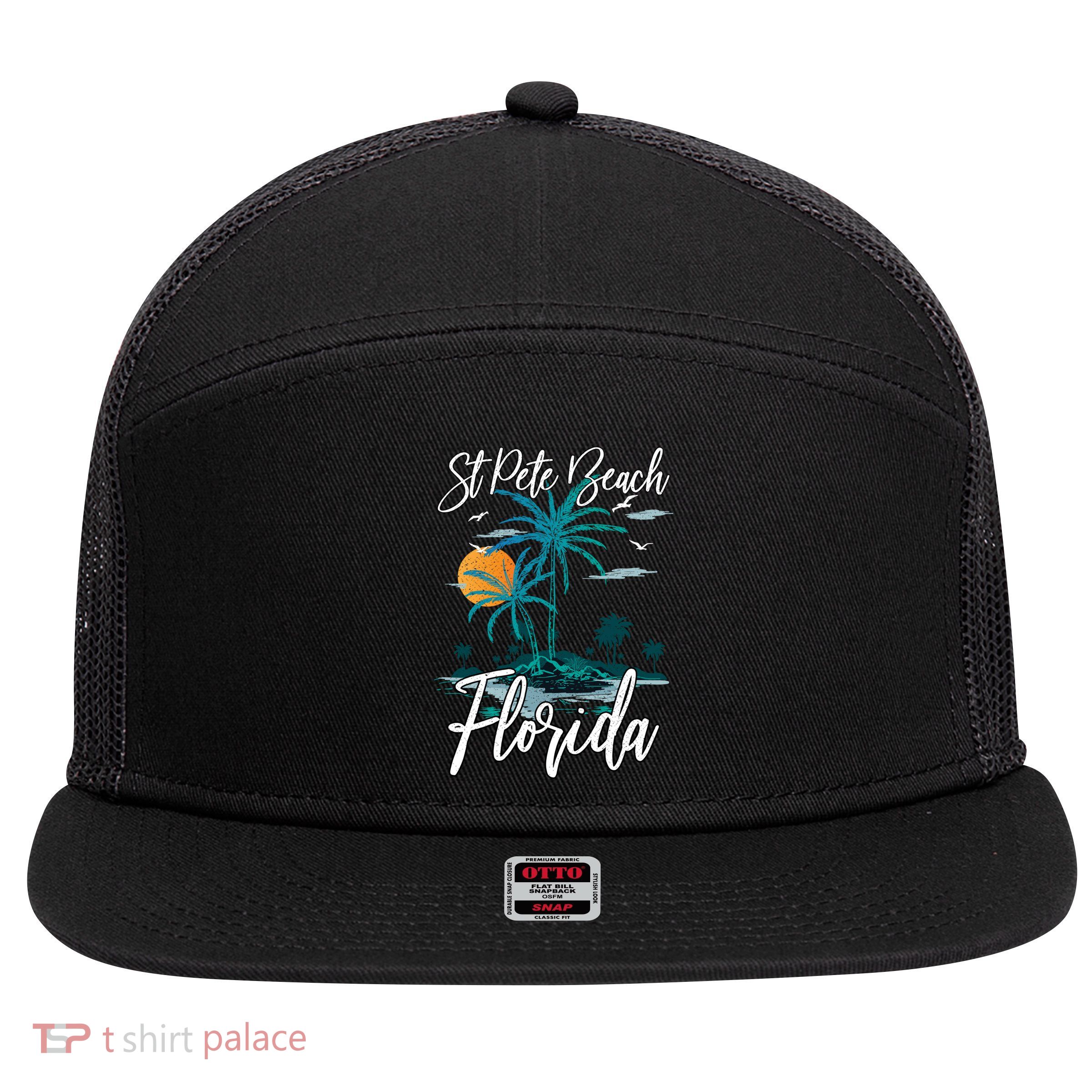 Family Vacation Retro Sunset Florida St Pete Beach Gift 7 Panel Mesh Trucker Snapback Hat