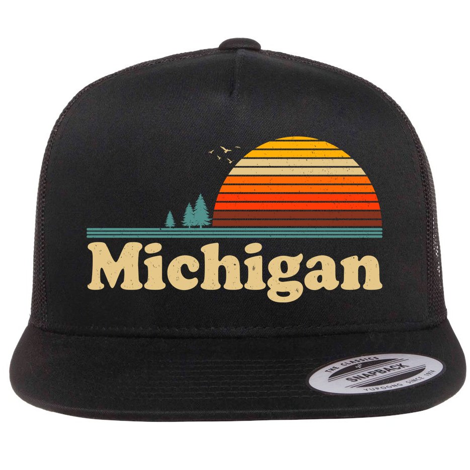 Funny Vintage Retro Michigan Sunset Logo Flat Bill Trucker Hat