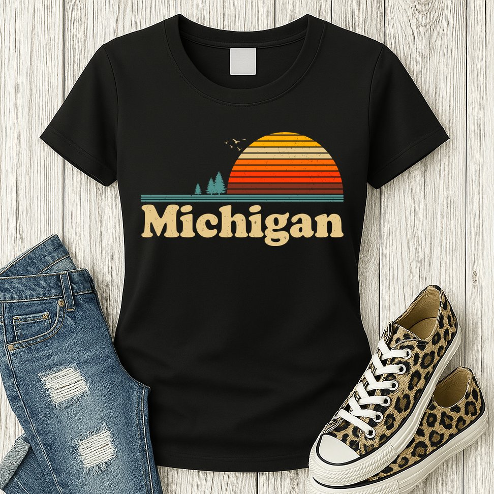 Funny Vintage Retro Michigan Sunset Logo Womens T-Shirt