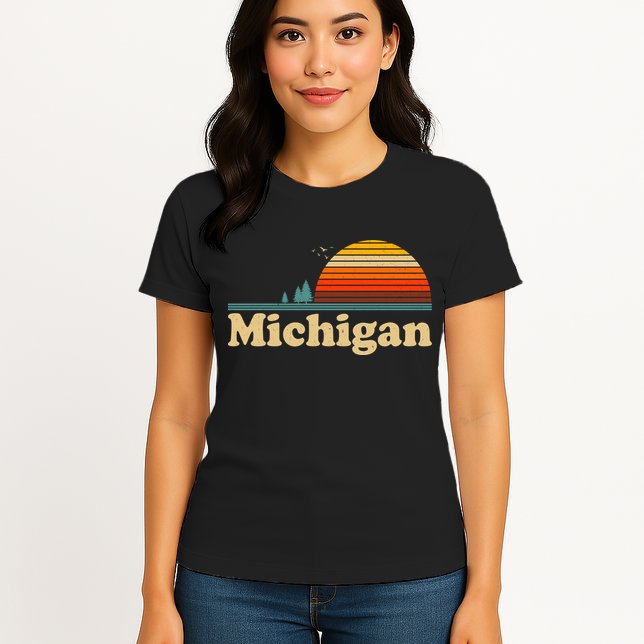 Funny Vintage Retro Michigan Sunset Logo Womens T-Shirt