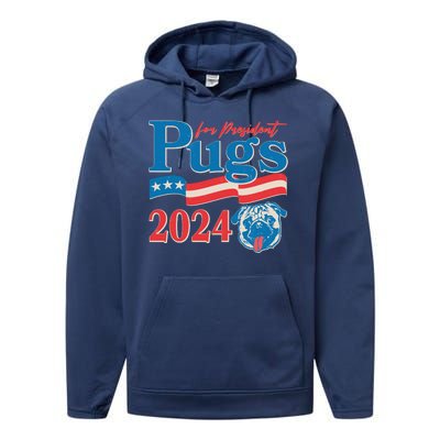 Funny Vintage Retro Pugs For President 2024 Performance Fleece Hoodie