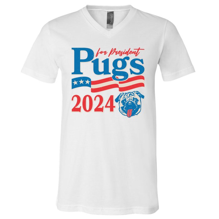 Funny Vintage Retro Pugs For President 2024 V-Neck T-Shirt